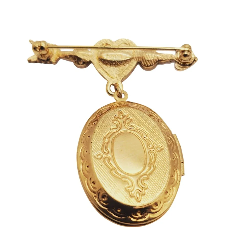 Avon Photo Locket Brooch Gold Tone Cupid Heart Arrow Pink Rhinestone Vintage Pin
